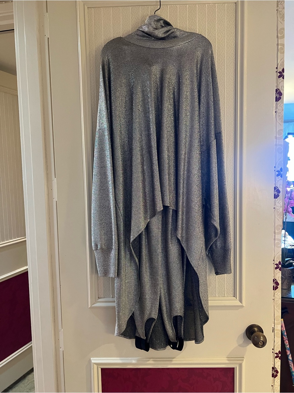 Metallic Silver Draped Turtleneck Poncho Sweater With Matching Stir-Ups